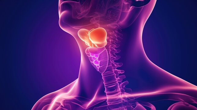 Medical illustration of Thyroid Cancer, a malignant tumor arising from thyroid tissue in the neck, with common types including papillary, follicular, medullary and anaplastic thyroid cancer. 