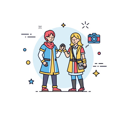 Outdoor cosplay meetup moment shown as two characters posing for a photo with a small camera icon nearby, expressing pride in costume craftsmanship and social