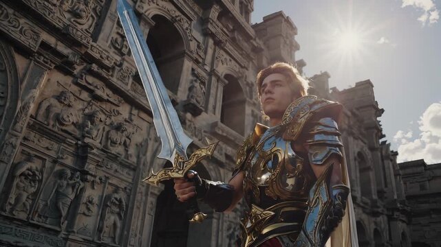 Man in ornate armor stands. Shot shows man wearing armor and costume with sword. Warrior pose suggests hero ready for battle near colosseum monument. Historical look evokes ancient narrative epic.