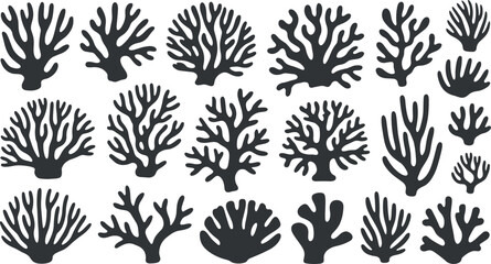 Fototapeta premium Collection of coral silhouettes isolated on white background, various marine reef shapes for ocean, underwater, aquarium, and tropical design projects