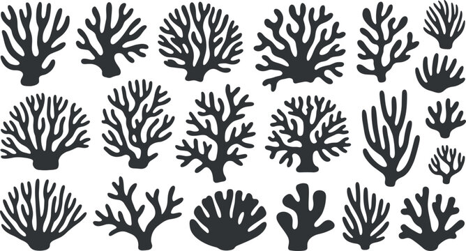 Collection of coral silhouettes isolated on white background, various marine reef shapes for ocean, underwater, aquarium, and tropical design projects