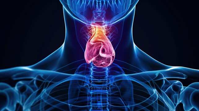 Medical illustration of Thyroid Cancer, a malignant tumor arising from thyroid tissue in the neck, with common types including papillary, follicular, medullary and anaplastic thyroid cancer. 