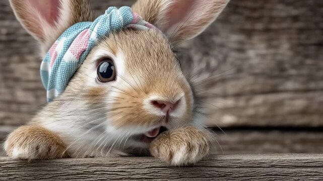 Cute rabbit wearing blue headband on rustic wooden background