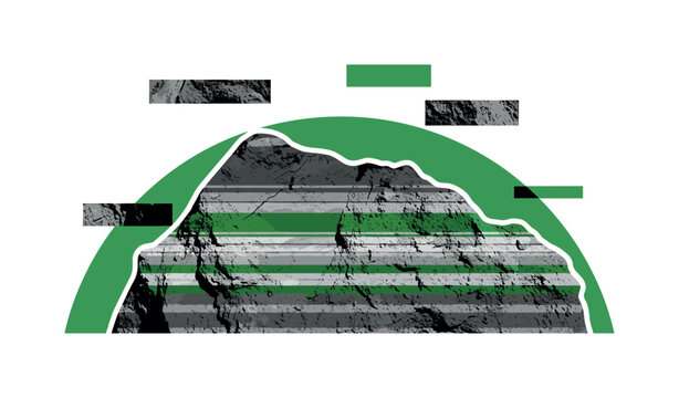 Monochrome close-up of jagged lunar rocks intersected by a bold green arc and thin horizontal stripes suggesting geological layers, abstract rectangular