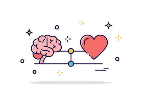 Mind body grounding connection featuring a simple brain and heart linked by a stable horizontal line and tiny spark elements, conveying harmony between