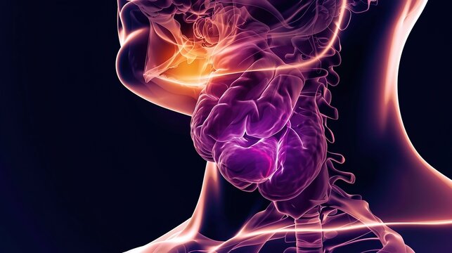 Medical illustration of Thyroid Cancer, a malignant tumor arising from thyroid tissue in the neck, with common types including papillary, follicular, medullary and anaplastic thyroid cancer. 