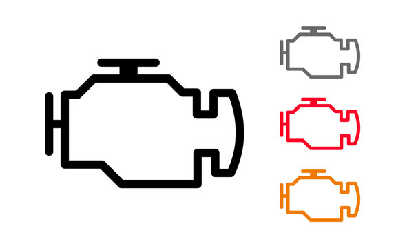 Set of check engine warning light icons: outline, solid, thin, thick, red, orange, grey. Transparent background for automotive dashboard, car repair, and diagnostic purposes.