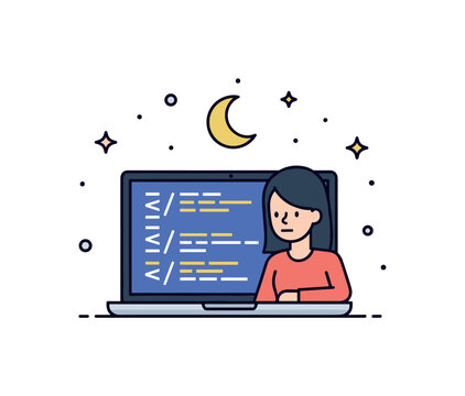Late night debugging atmosphere depicted by a laptop screen with glowing code lines and a small moon icon above, symbolizing dedication and focused effort. The