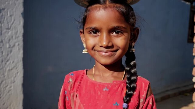 girl balancing pot on head. child carries water with braid visible. smile frames face in dress and earring. village lane and brick wall set rural backdrop. simple portrait of youth and tradition.