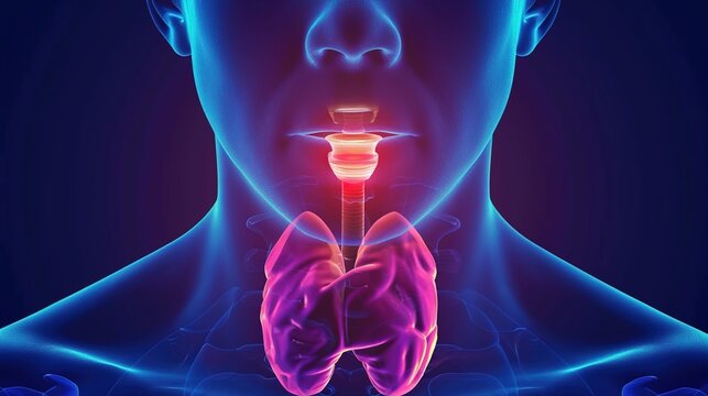 Medical illustration of Thyroid Cancer, a malignant tumor arising from thyroid tissue in the neck, with common types including papillary, follicular, medullary and anaplastic thyroid cancer. 