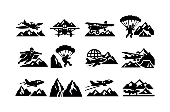 Adventure Flight. Solid icon set of Adventure Flight: adventure plane mountains, explorer aircraft, bush plane mountains, skydiver mountains, wingsuit flying