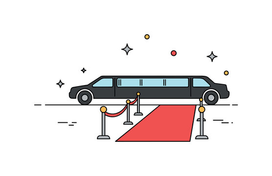 Luxury event entrance featuring a limousine silhouette beside a red carpet strip and subtle sparkle accents, expressing exclusivity and high status arrival.