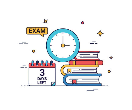 Exam countdown reminder featuring a simple clock icon paired with stacked books and a small calendar page marked Days Left, conveying urgency and final