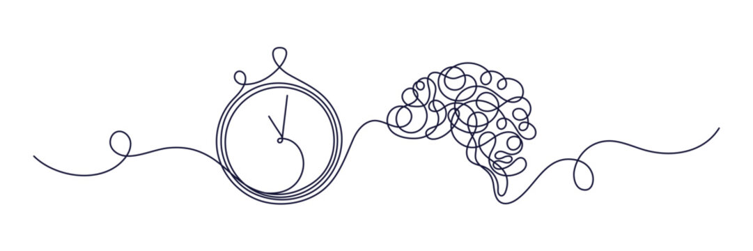 Continuous line of human brain and clock. Time management concept. Brainstorming process. Thinking about deadlines. Productivity and efficiency. Mental health. Editable stroke