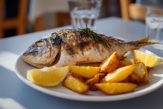 Whole grilled seabream with rosemary sprig lemon and roasted potato wedges on white plate at restaurant table warm lighting