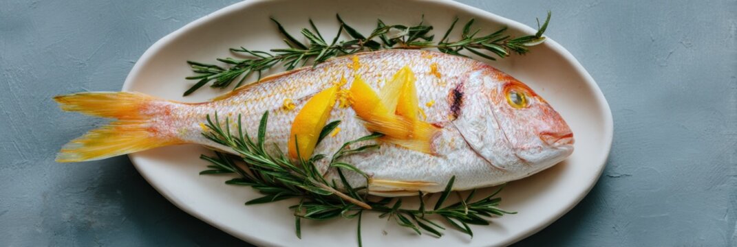 Whole fish lemon wedges rosemary on white oval plate raw yellowtail snapper with herb sprigs