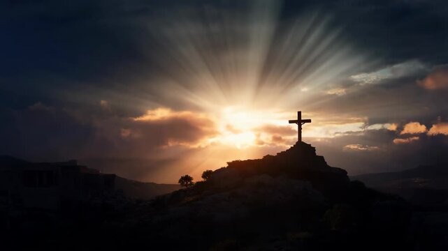 Cross silhouette on hill with sun rays shining through cloudy sky and mountains featuring landscape, nature, religion with christianity and faith