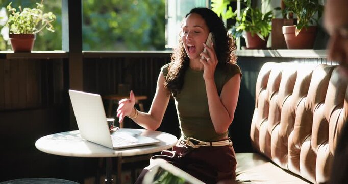 Happy, woman and phone call with laptop at cafe for discussion, planning and contact editor. Smile, female person and freelancer with mobile for conversation, interview source and story publication