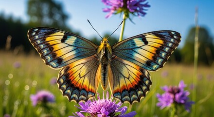 Fototapeta premium A butterfly with intricate colorful wings rests on a vibrant purple flower in a sunlit meadow with a soft green background