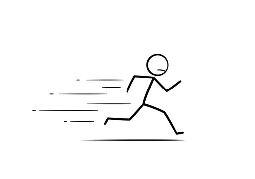 Black stick figure running fast indicated by motion lines against a white background