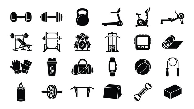 Gym Icons Set with Fitness Equipment and Accessories