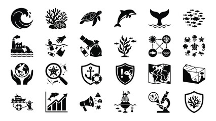 Black Icons of Sea Creatures, Eco Friendly and Science on White Background © Useful Vectors