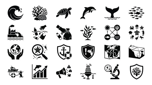 Black Icons of Sea Creatures, Eco Friendly and Science on White Background