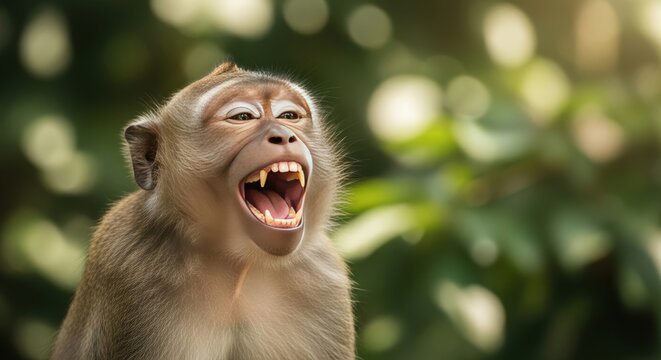 A mischievous monkey with wide eyes and an open mouth showing sharp teeth sits in a lush green forest with blurred foliage in the background