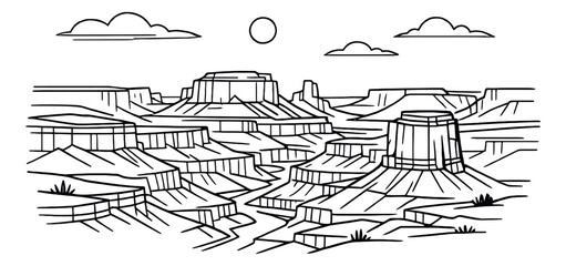 Fototapeta premium Hand drawn line art illustration of grand canyon depicting a vast natural landscape with impressive rock formations and a river for travel and exploration designs