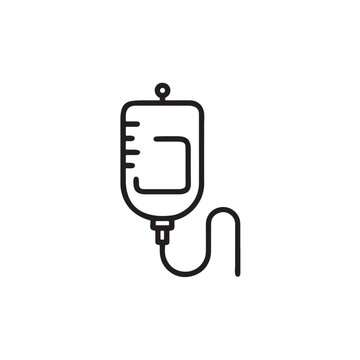 A simple black and white line art icon representing a medical intravenous drip bag and tube set Vector, illustration