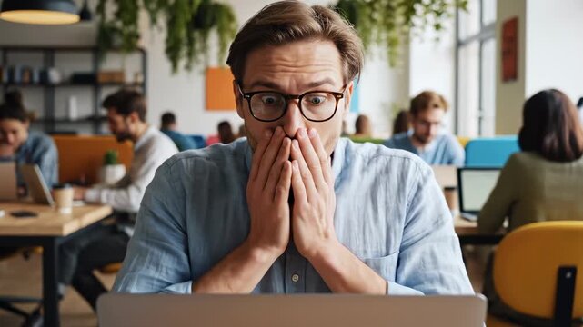 A surprised professional working in a vibrant coworking space uses a laptop, covering their mouth with a hand while intently looking at the screen, surrounded by busy colleagues.