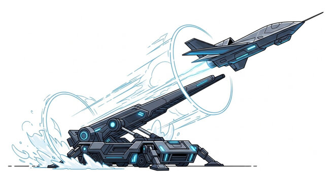 Futuristic missile launcher launching a fighter jet into the sky with speed.