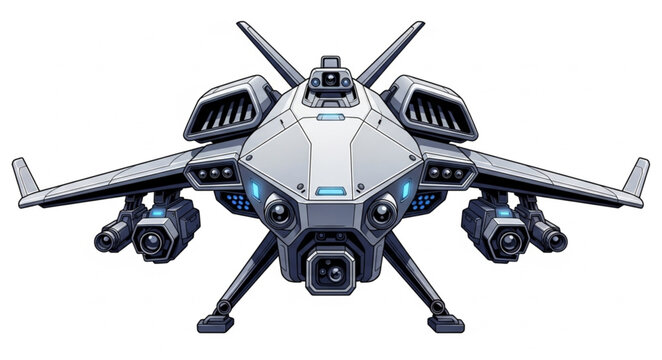 Futuristic spacecraft design with advanced weaponry and powerful engines ready for flight.