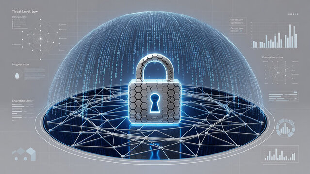 Cybersecurity concept with glowing padlock under digital dome and binary code encryption.
