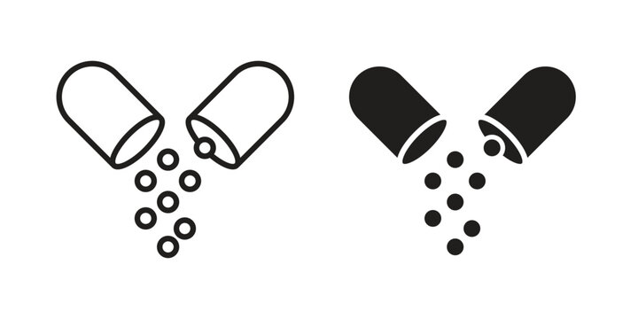 Open Capsule Pill icon Line Design Vector Illustration. Solid Black icons