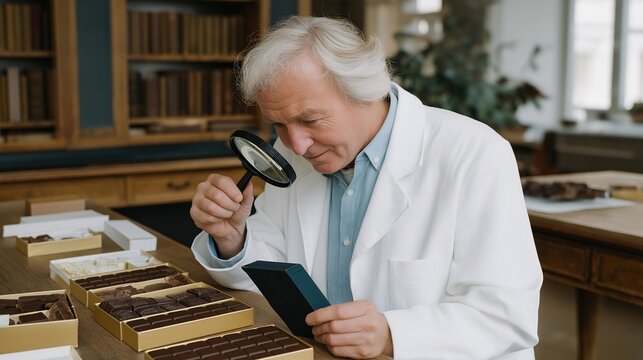 Elderly quality inspector examining returned Easter chocolate packaging under magnifying glass, defective products arranged by category on vintage wooden desk, perfect for reverse logistics