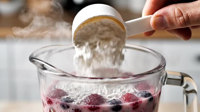Hand adds white powder to fresh berry mixture in glass pitcher