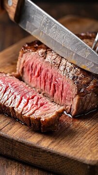 Grilled steak searing meat juicy medium rare beef slice on rustic wooden board with sharp carving knife slicing tender pieces savory brown crust dripping pink center for cozy gourmet dinner craving