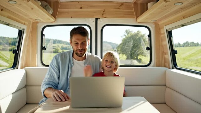 Happy father and son joyfully engaging in remote work or learning on a laptop inside their comfortable camper van. They embrace the flexible digital nomad lifestyle, enjoying the bright