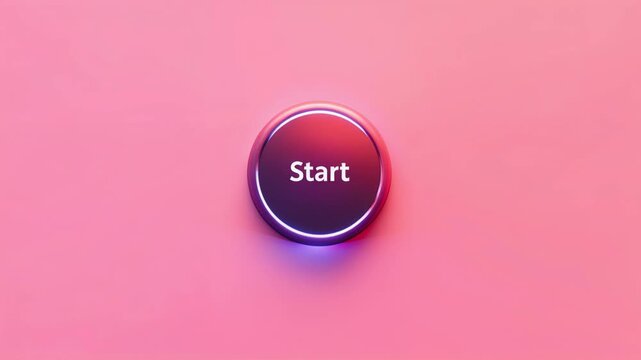 Glowing purple and pink start button pulsating with neon light on a vibrant background