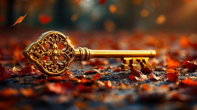 Golden vintage key lying on the ground in a forest during a beautiful and scenic autumn day