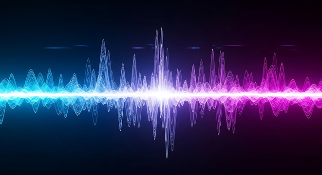 vibrant glowing sound wave visualizer in blue and magenta colors representing digital audio data flow and music technology.