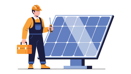 Solar Panel Technician: An illustration of a skilled technician, poised with tools and a toolbox, stands ready beside a large solar panel array, representing expertise and sustainable energy. © hafs121