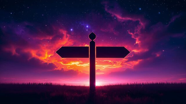 Silhouetted directional sign with two arrows pointing in opposite ways against a starry night sky