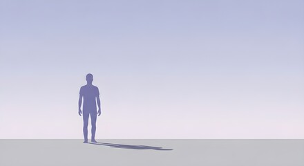 Obraz premium A simple silhouette of a standing man casting a long shadow on a clean, light blue and grey gradient background. Concept of leadership, solitude, or vision.