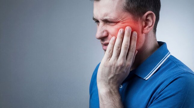 Man with hand on cheek experiencing toothache or jaw pain