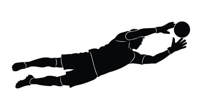 Vector silhouette of a soccer goalkeeper diving to catch a ball