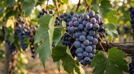 Fototapeta premium Close-up of ripe, deep purple grapes hanging on a vine with green leaves in a vineyard during golden hour sunlight