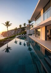 Fototapeta premium Luxurious modern residence features an infinity pool overlooking a coastal cliff at sunset