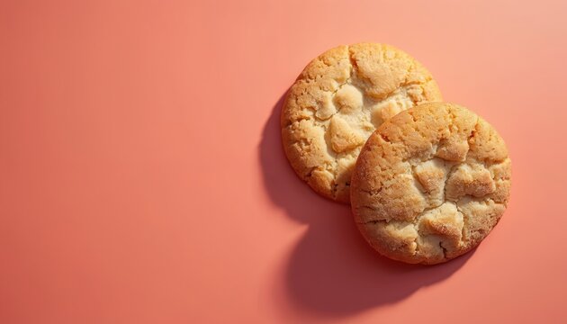 Two snickerdoodle cookies rest on a coral surface. Light casts soft shadows to the side. They are perfectly baked with visible cinnamon sugar texture.